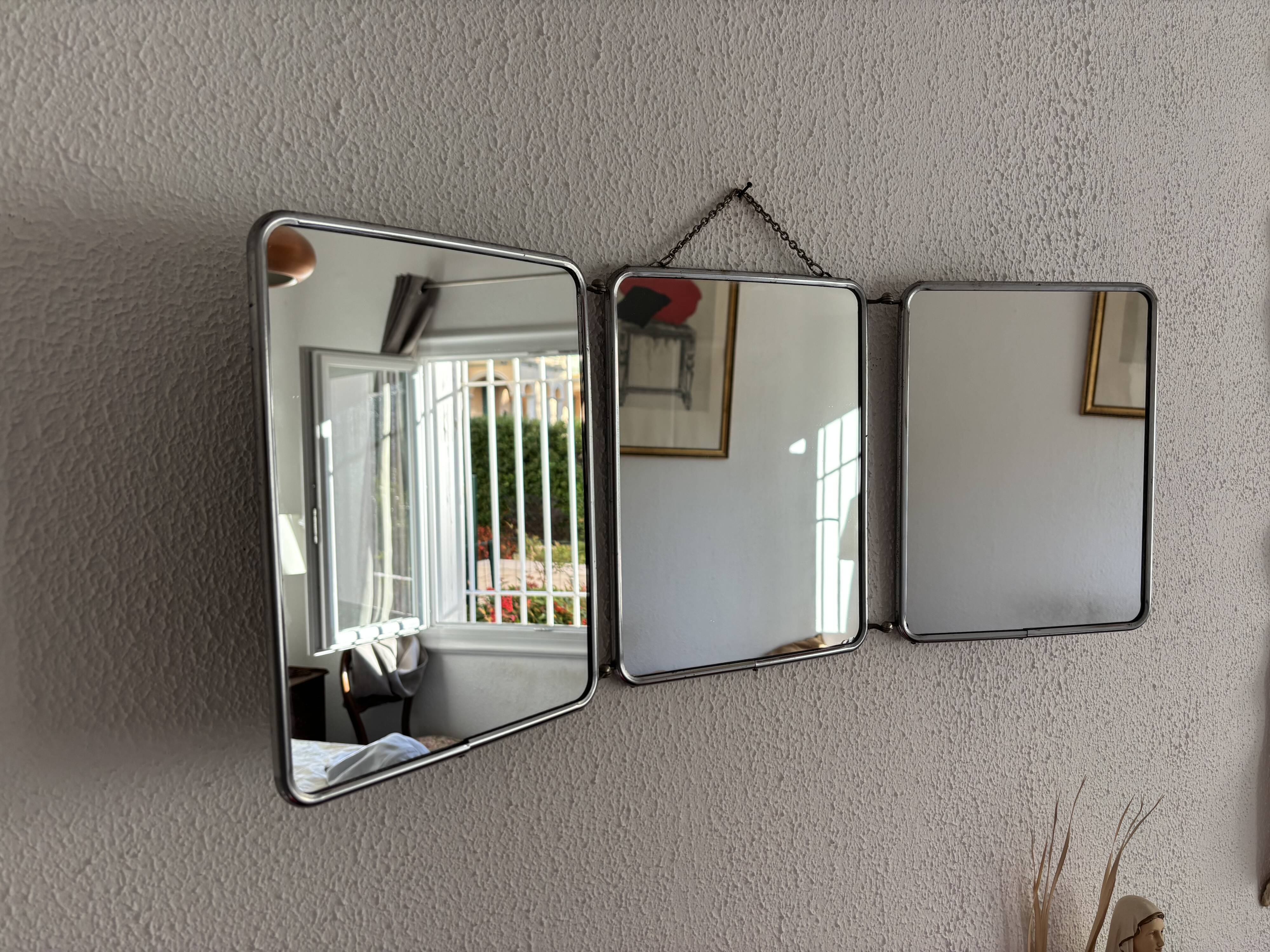 Miroir vintage 1960 triptyque barbier argenté Arpin - 28 x 70 cm