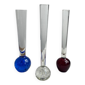Trio of glass soliflore vases with ball feet