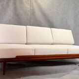 Jitona sobeslav sofa bed in walnut & boucle fabric, vintage czech 1960s