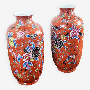 Pair of hand painted orange China vases 1950