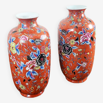 Paire de vases Chine orange peint main 1950
