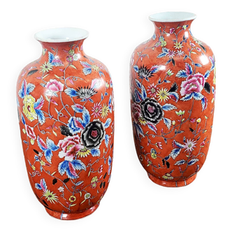 Pair of hand painted orange China vases 1950