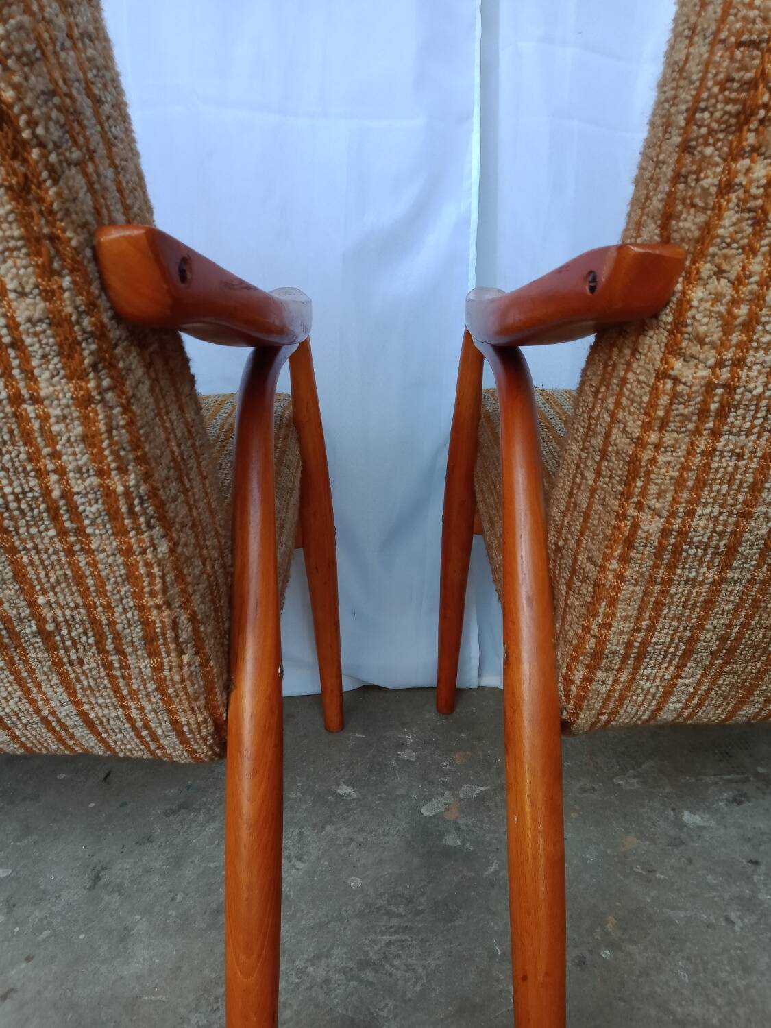 60s wood and fabric armchairs