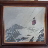 Painting, oil on wood, representing a cable car against a snowy mountain background, signed Belgrand