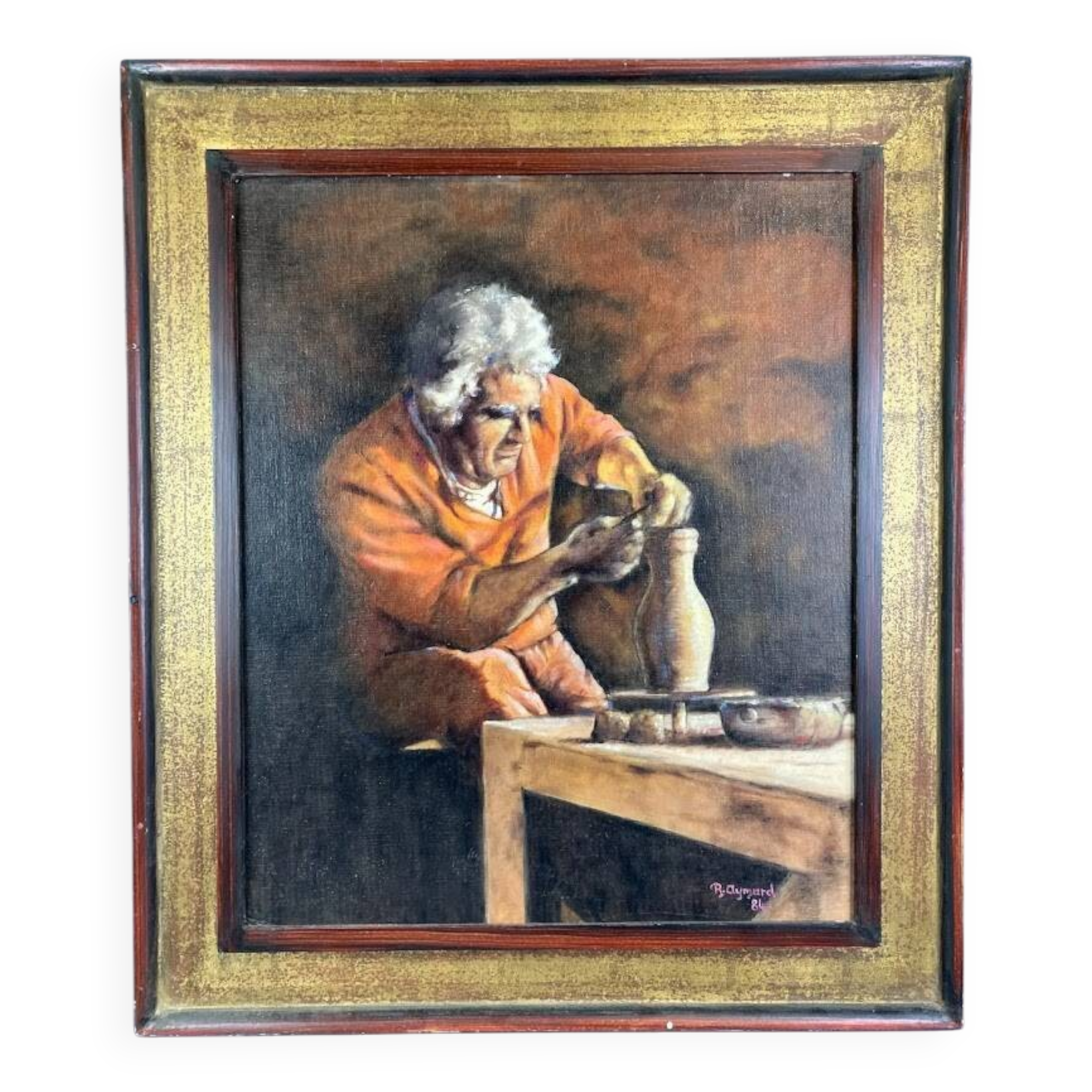 Large oil painting signed robert aymard - the potter at his wheel 78 x 67