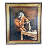 Large oil painting signed robert aymard - the potter at his wheel 78 x 67