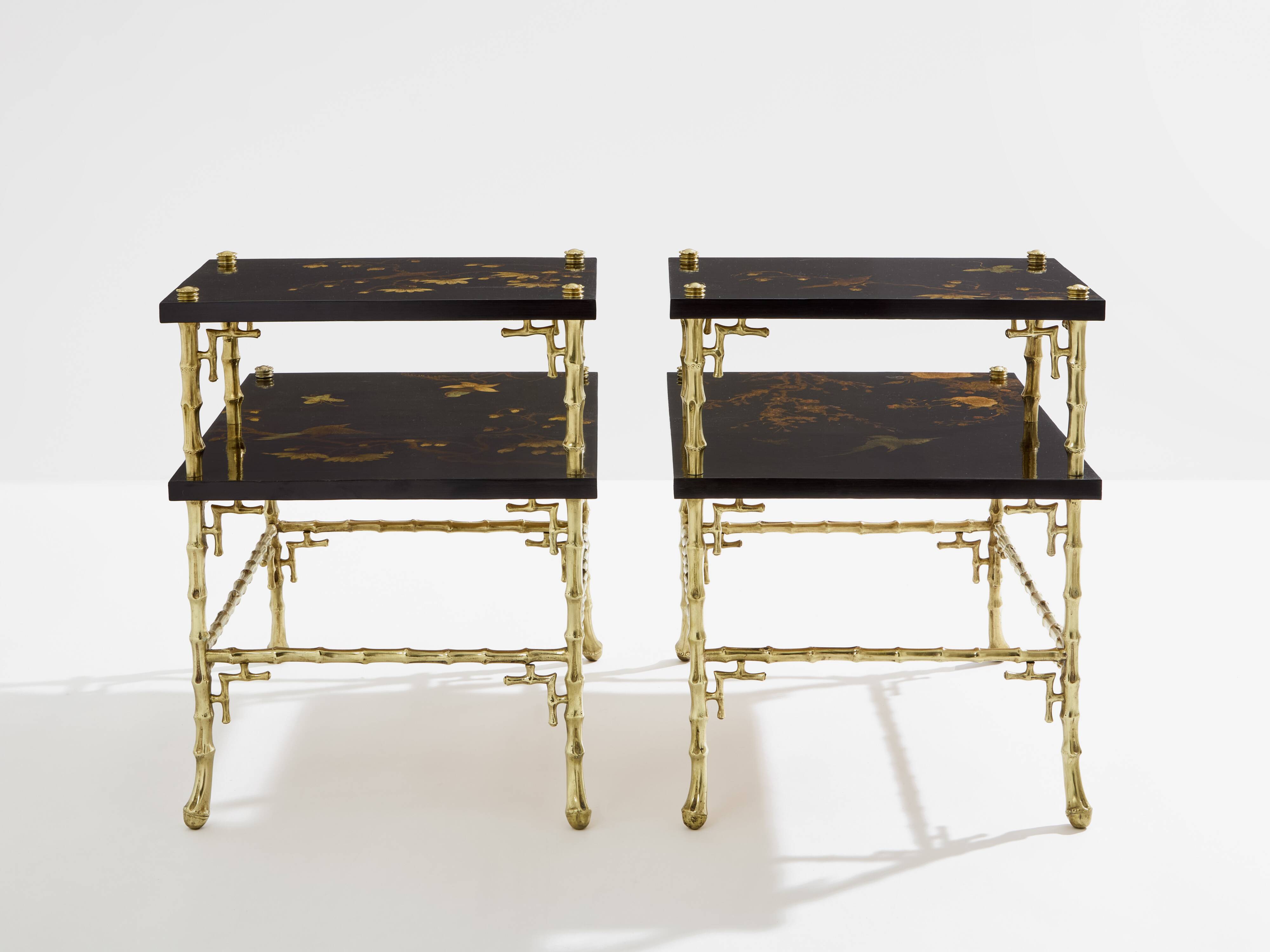 Bamboo bronze lacquered Chinese side tables Maison Baguès 1940