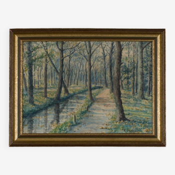 Watercolor or oil on panel by R. Gautron or Gautran sous-bois 1940