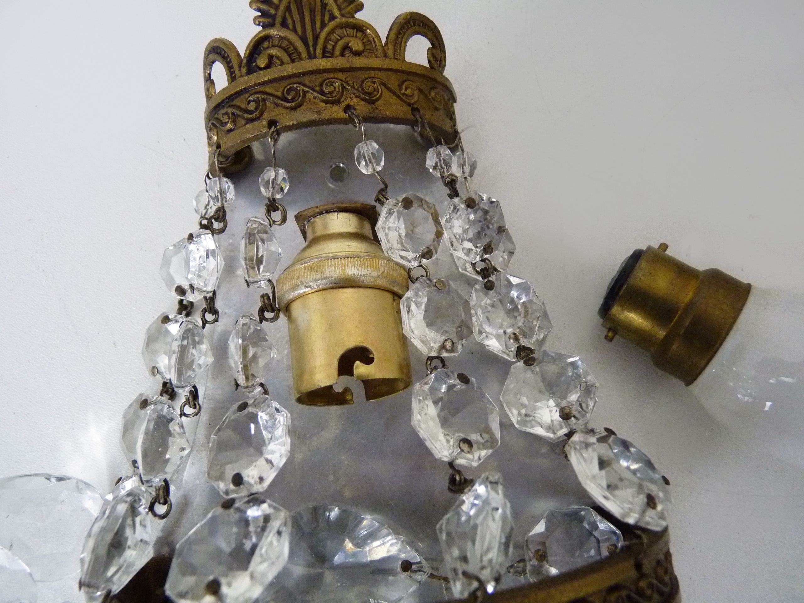 Pair of vintage hot air balloon wall sconces with glass tassels. Year 50