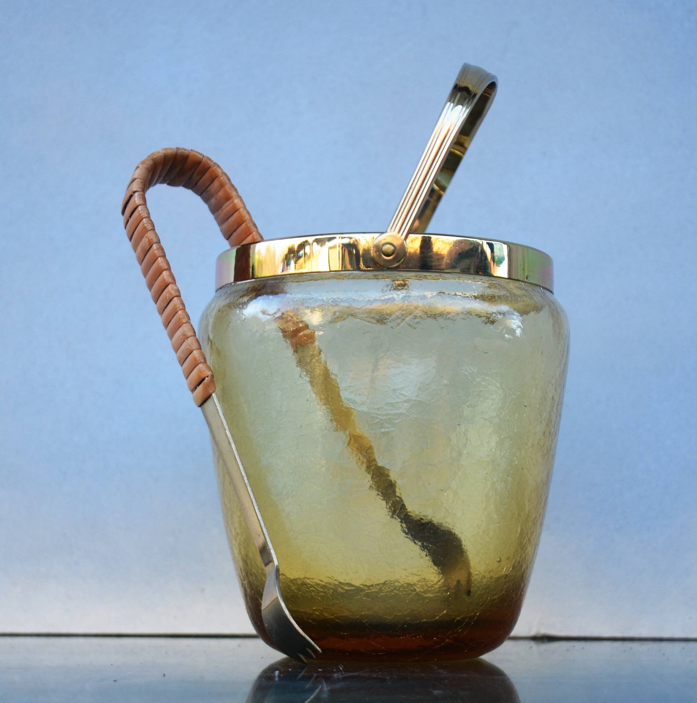 Mid Century Crackle Amber Glass Ice Bucket WMF With Ratan Handle