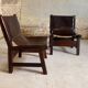 Pair of brutalist armchairs in wood and leather, 1970