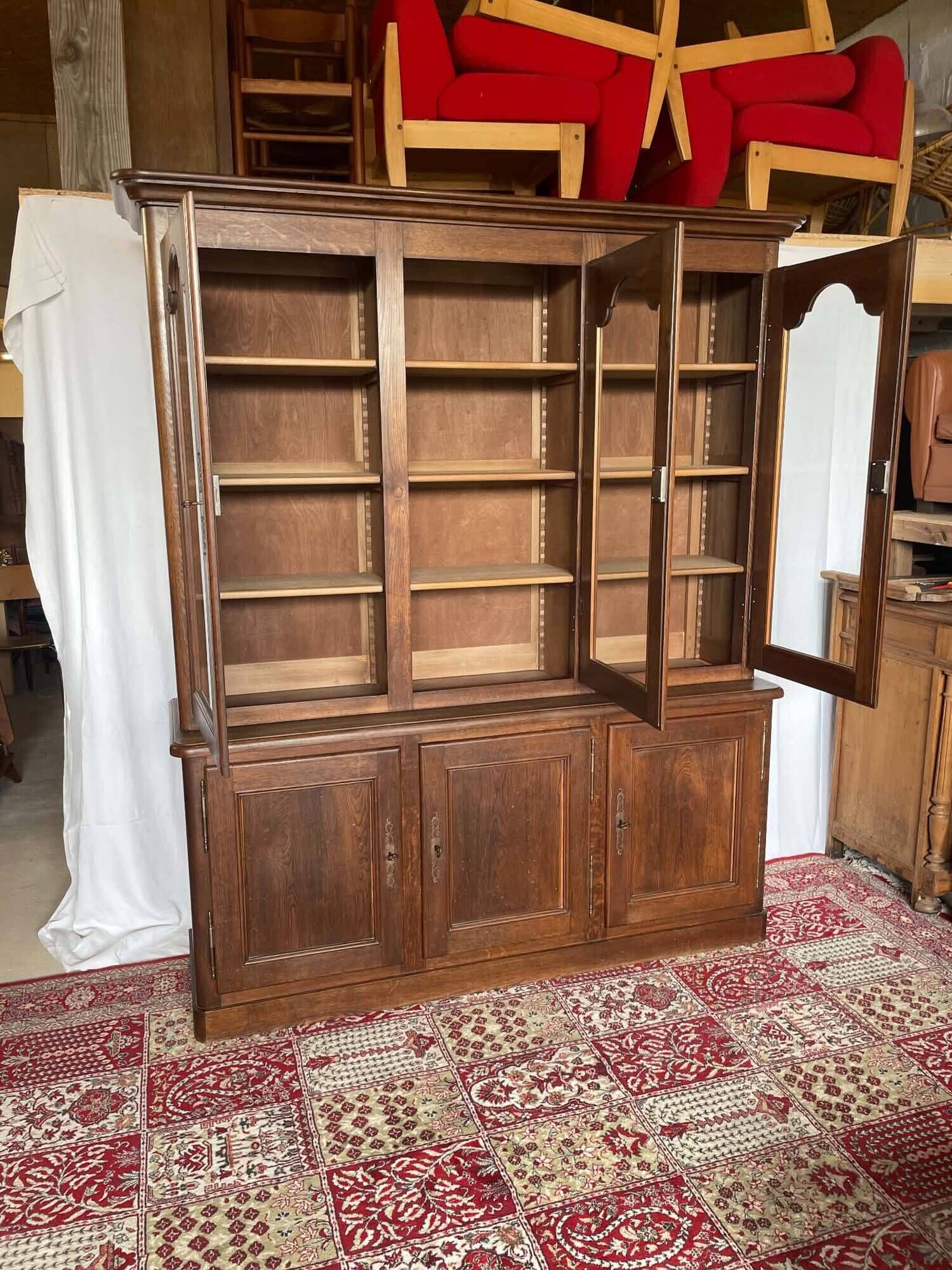 Large antique two-body library in solid oak – 3 glass doors
