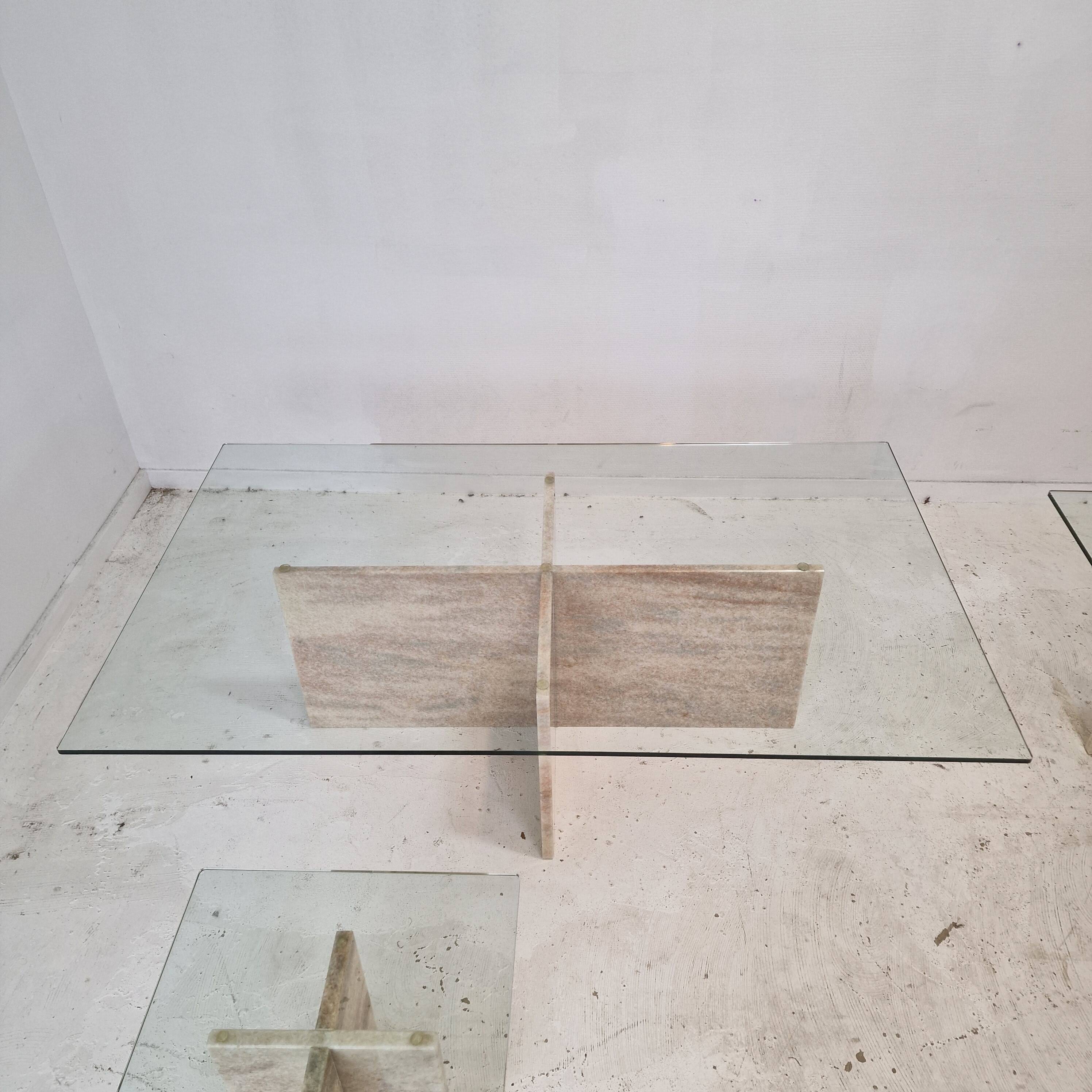 Set of 3 Italian Marble Coffee or Side Tables with Glass, 1980s