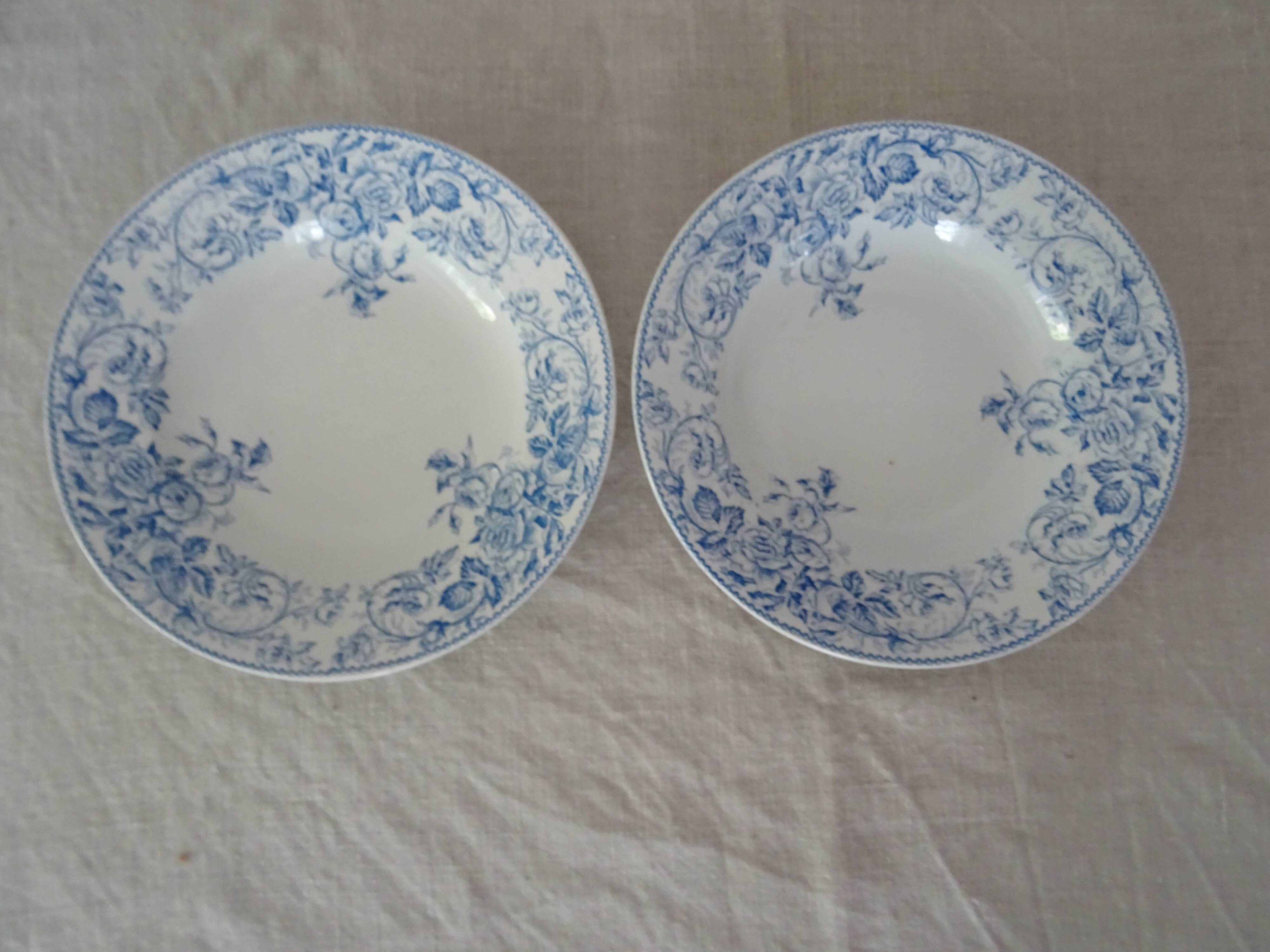 2 Hollow plates Luneville Keller and Guerin decoration blue flowers faience old