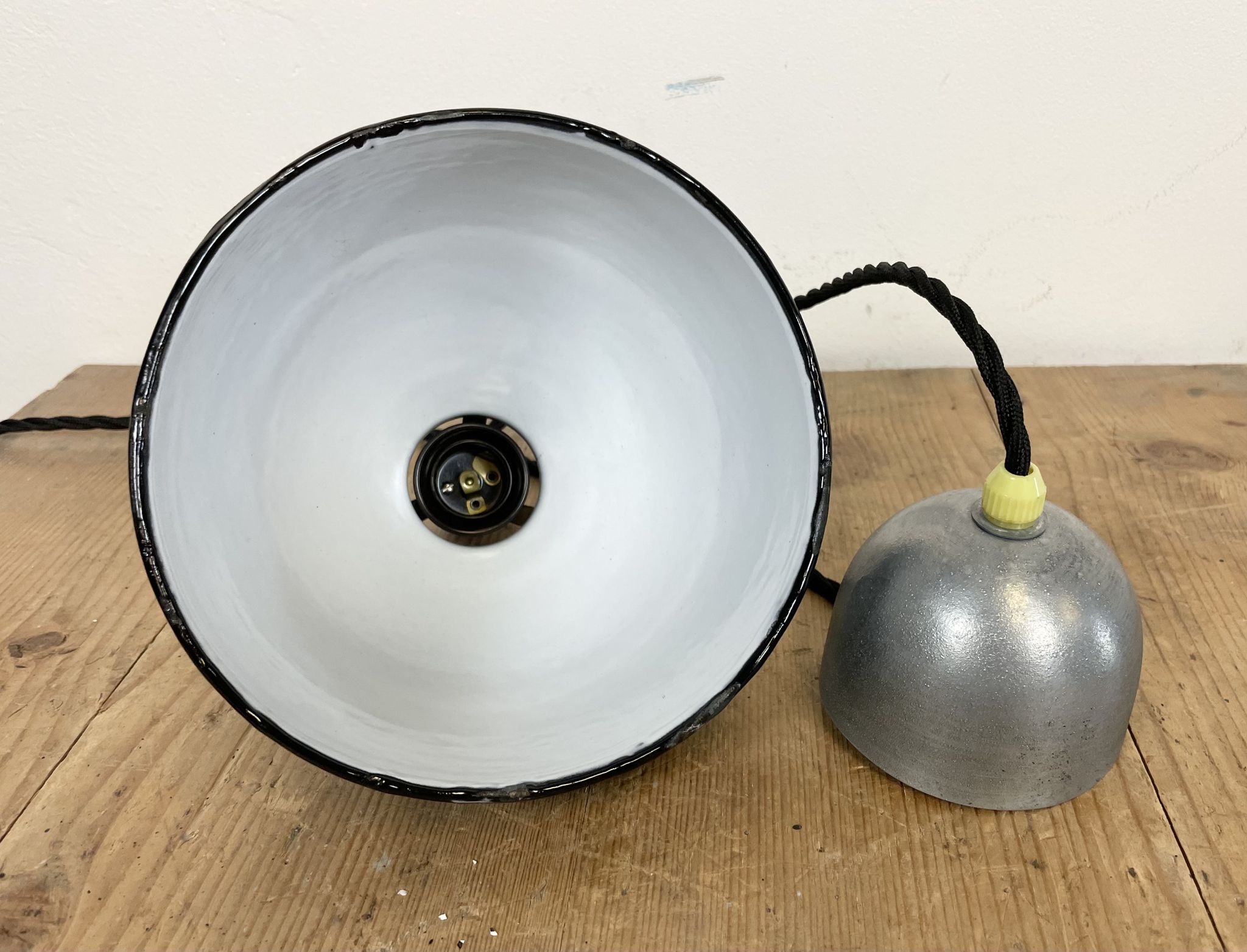 Industrial black enamel pendant lamp, 1950s