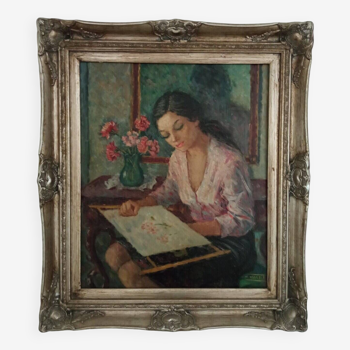 Portrait à l'huile espagnol antique du 20ème siècle d'une jeune femme cousant une peinture
