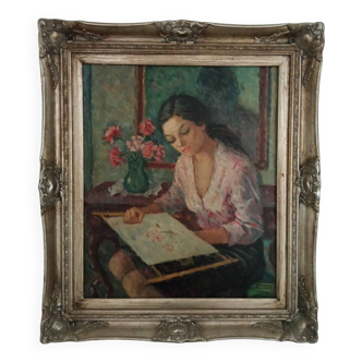 20th Century Antique Spanish Oil Portrait of a Young Woman Sewing Painting
