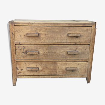 Commode vintage rétro 3 tiroirs en bois brut façade chêne