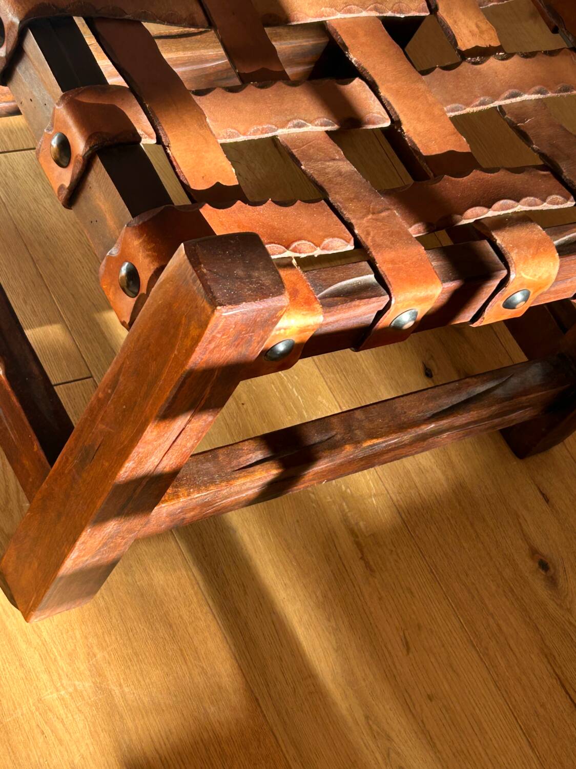 Wooden Brazilian Brutalist Leather Foot Stool Pouf