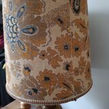turned wooden lamp with a jute floral shade, authentic sixties