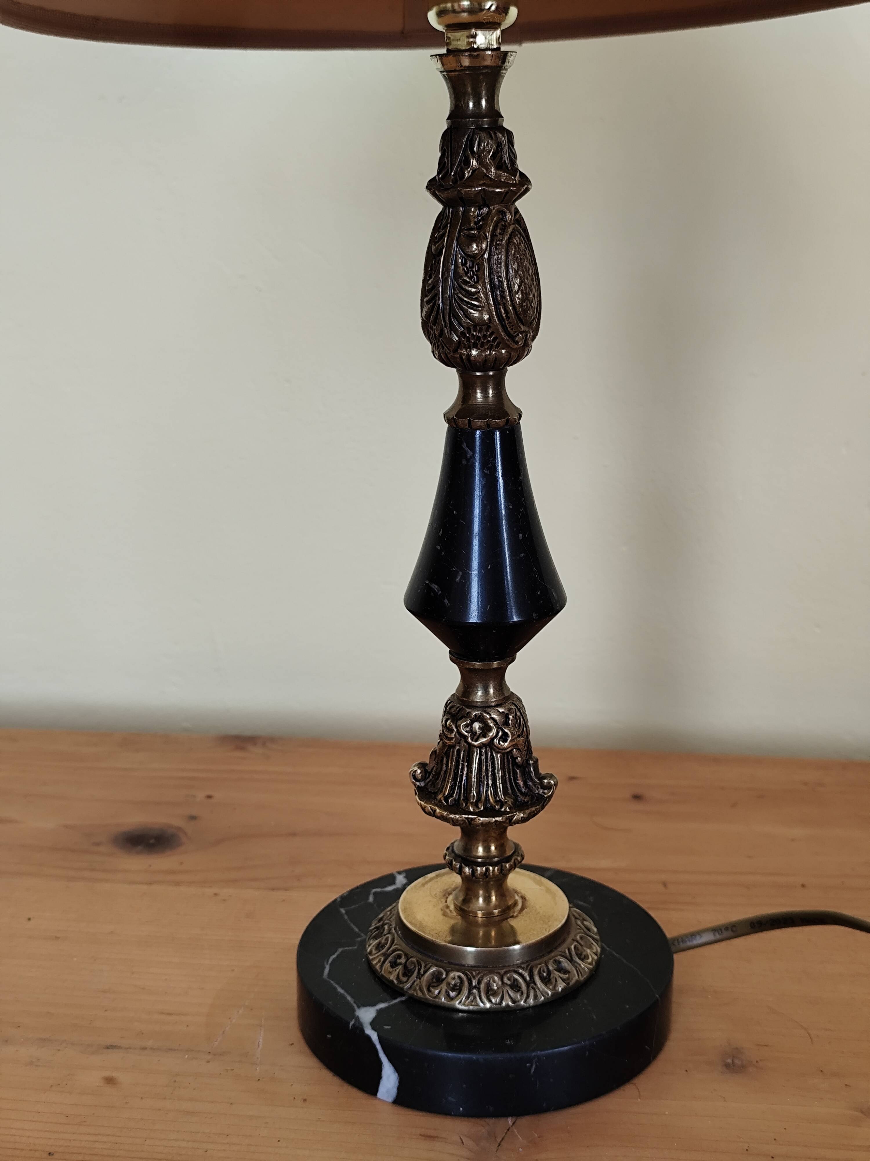 Table lamp base candlestick in chiselled brass and marble base.