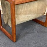 60's 70's newspaper holder magazine rack by Aksel Kjersgaard in teak and suede