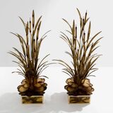 Pair of Maison Jansen brass floor lamps with reeds and water lilies, 1970s
