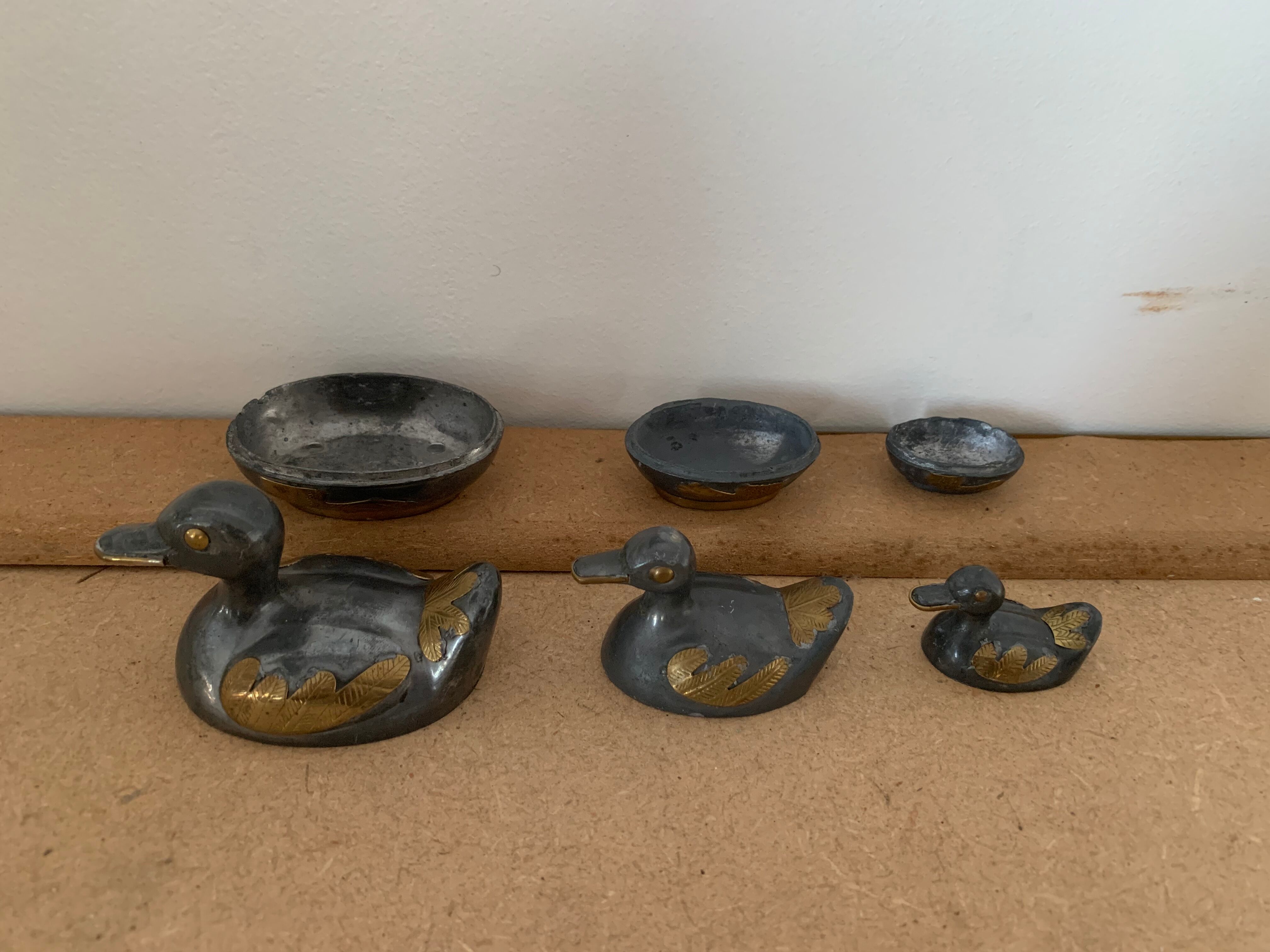 Set of 3 antique tin and brass ducks
