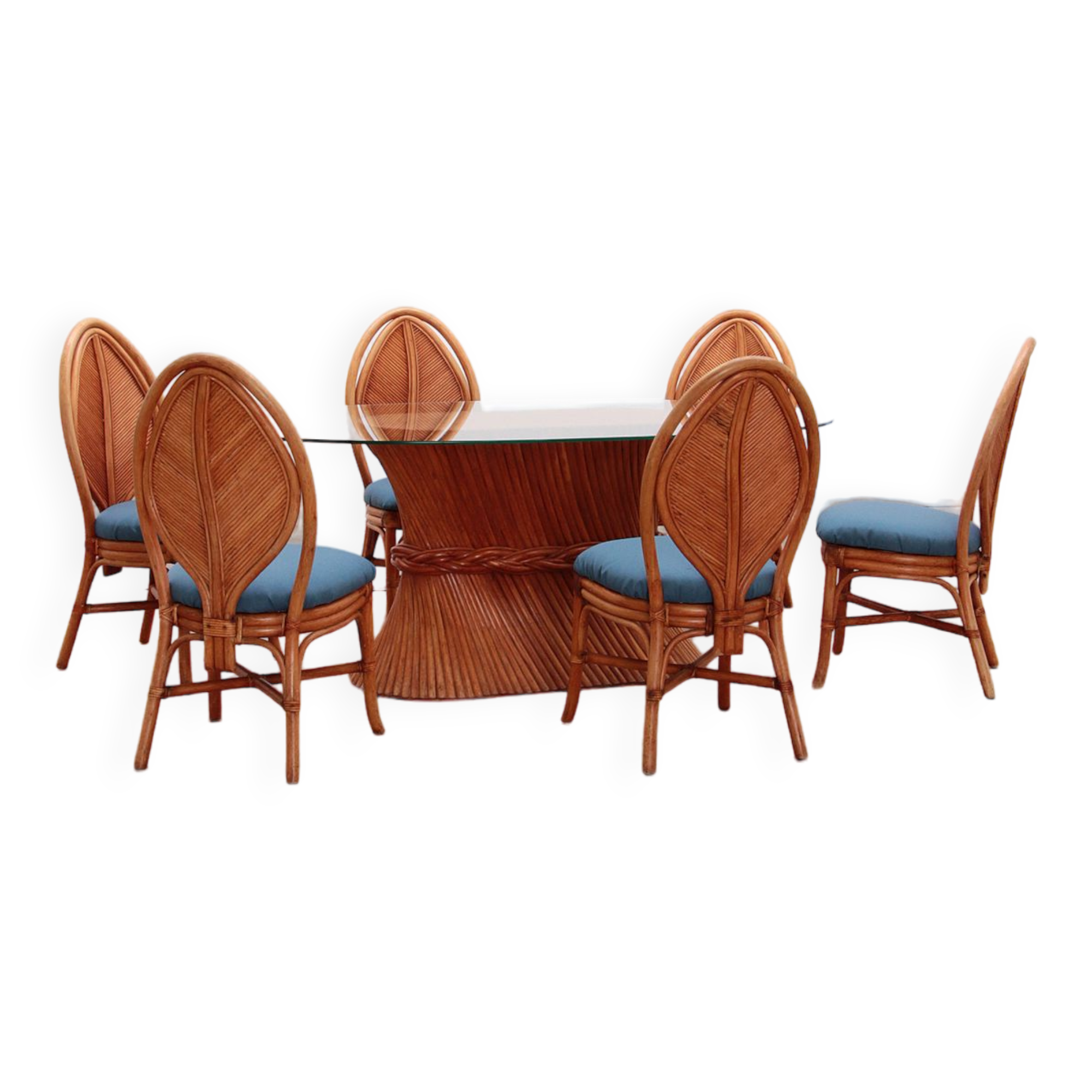 Bohemian bamboo mcguire dining table set with 6 palm leaf chairs, 1960 france.