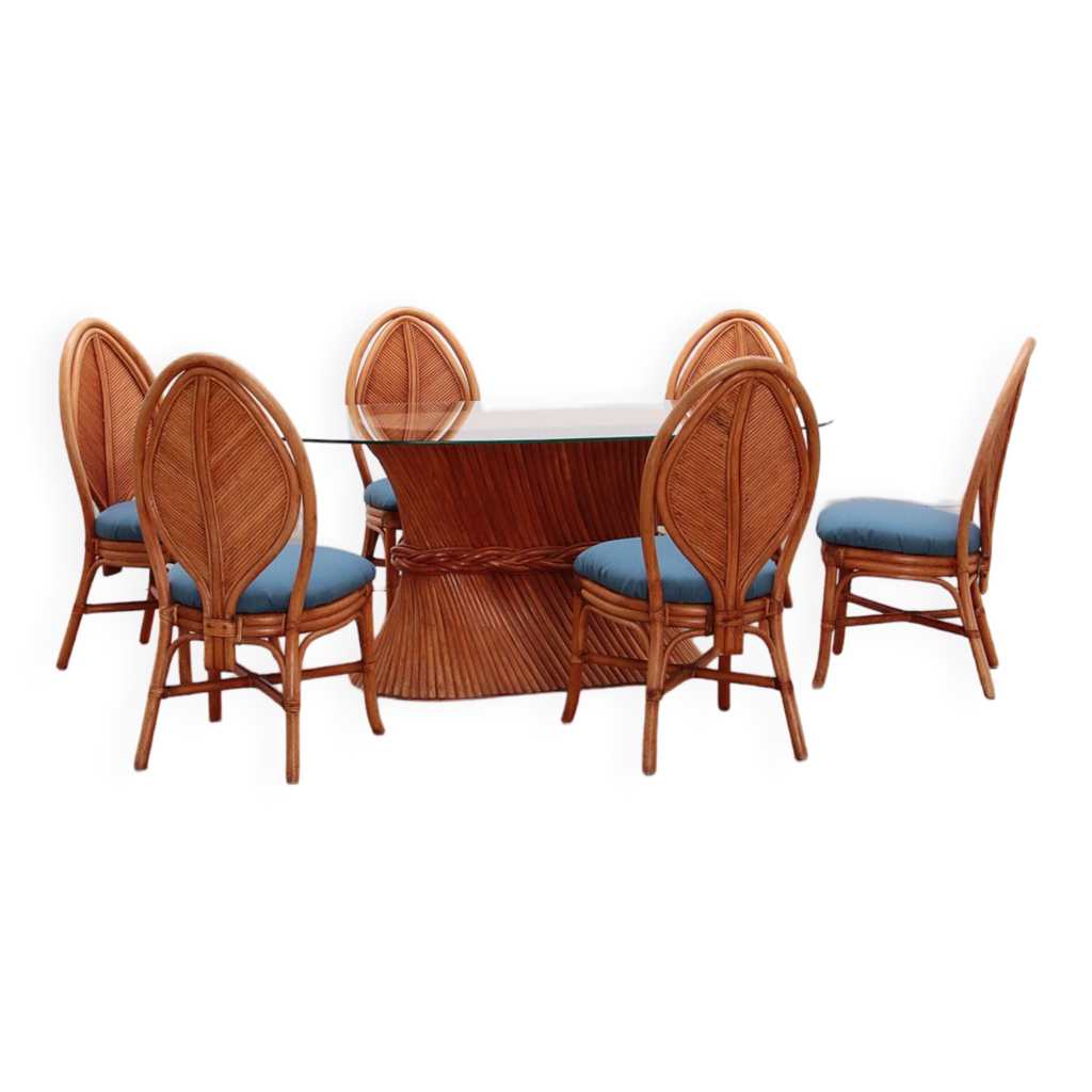 Bohemian bamboo mcguire dining table set with 6 palm leaf chairs, 1960  france. | Selency