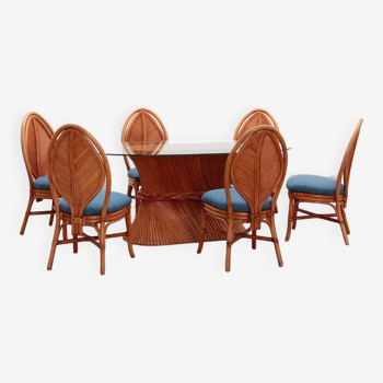 Bohemian bamboo mcguire dining table set with 6 palm leaf chairs, 1960 france.