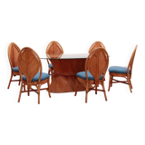 Bohemian bamboo mcguire dining table set with 6 palm leaf chairs, 1960 france.