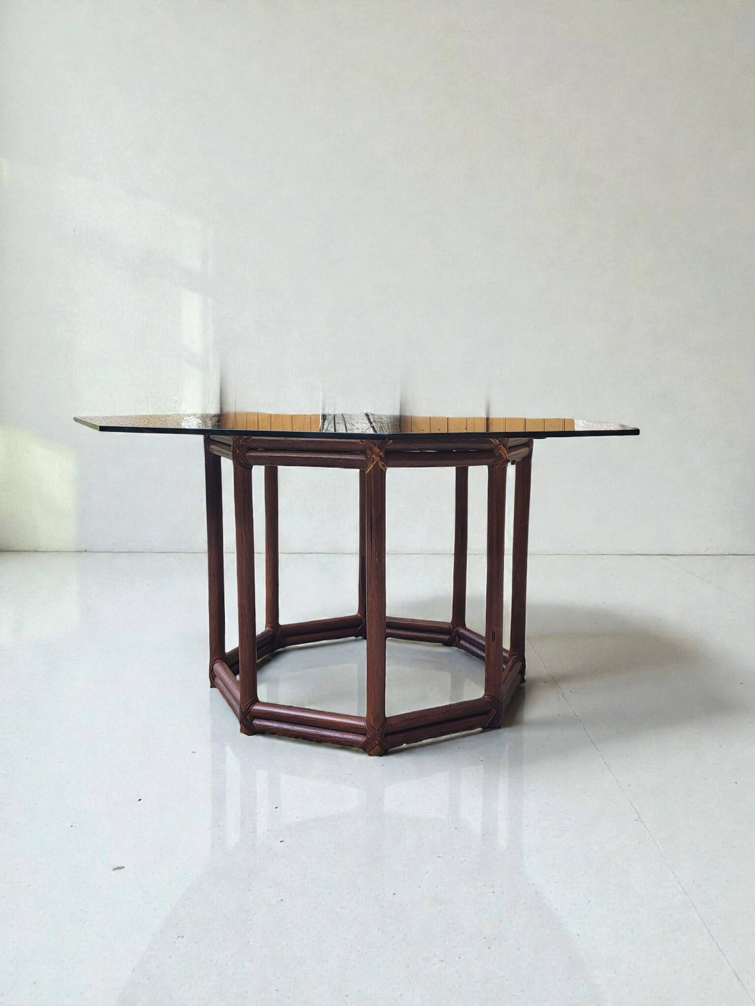 Bamboo-style wooden table with smoked glass top, 1970s