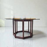 Bamboo-style wooden table with smoked glass top, 1970s