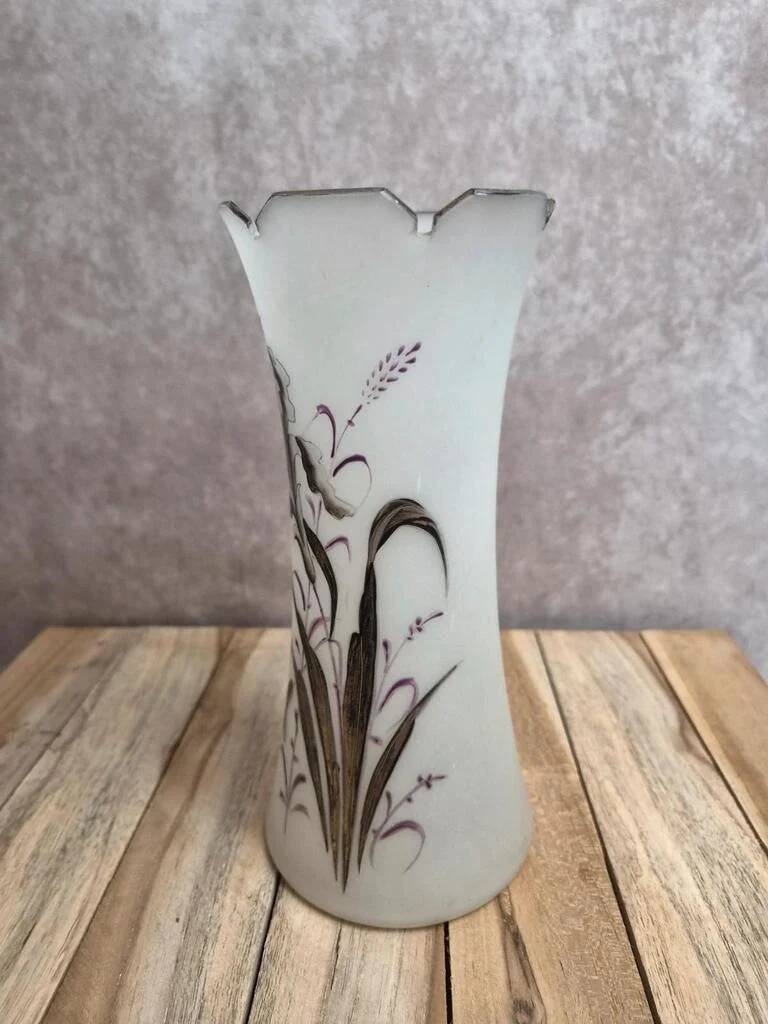 Antique Art Nouveau vase in frosted enamelled glass – iris decoration