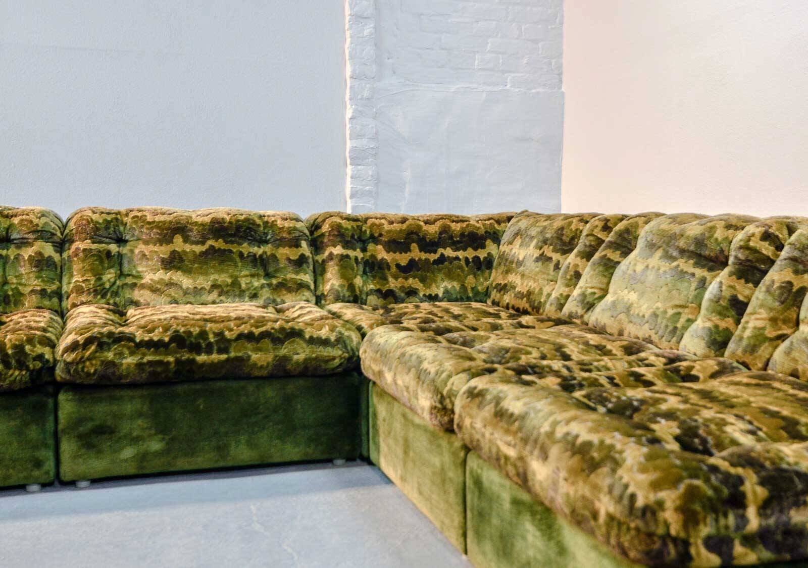 XL Woodstock Style Greenish Velvet Modular Sofa with Ottoman by Laauser 70s