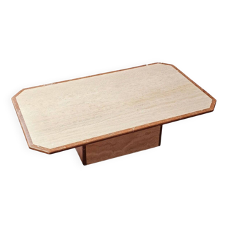 1970s travertine coffee table with pink marble edges