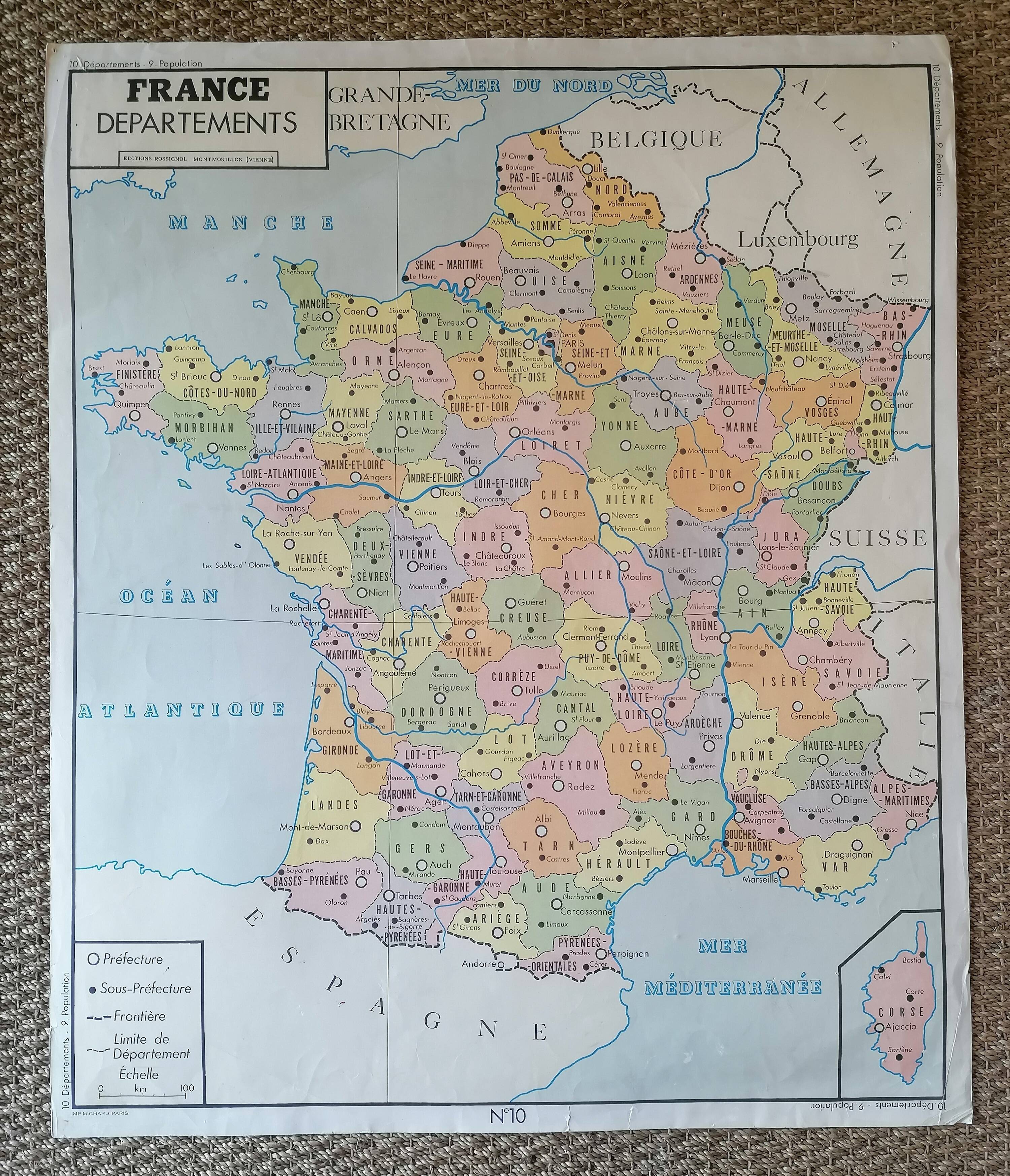 Old Rossignol Scolaire poster: La France - Départements et Population.