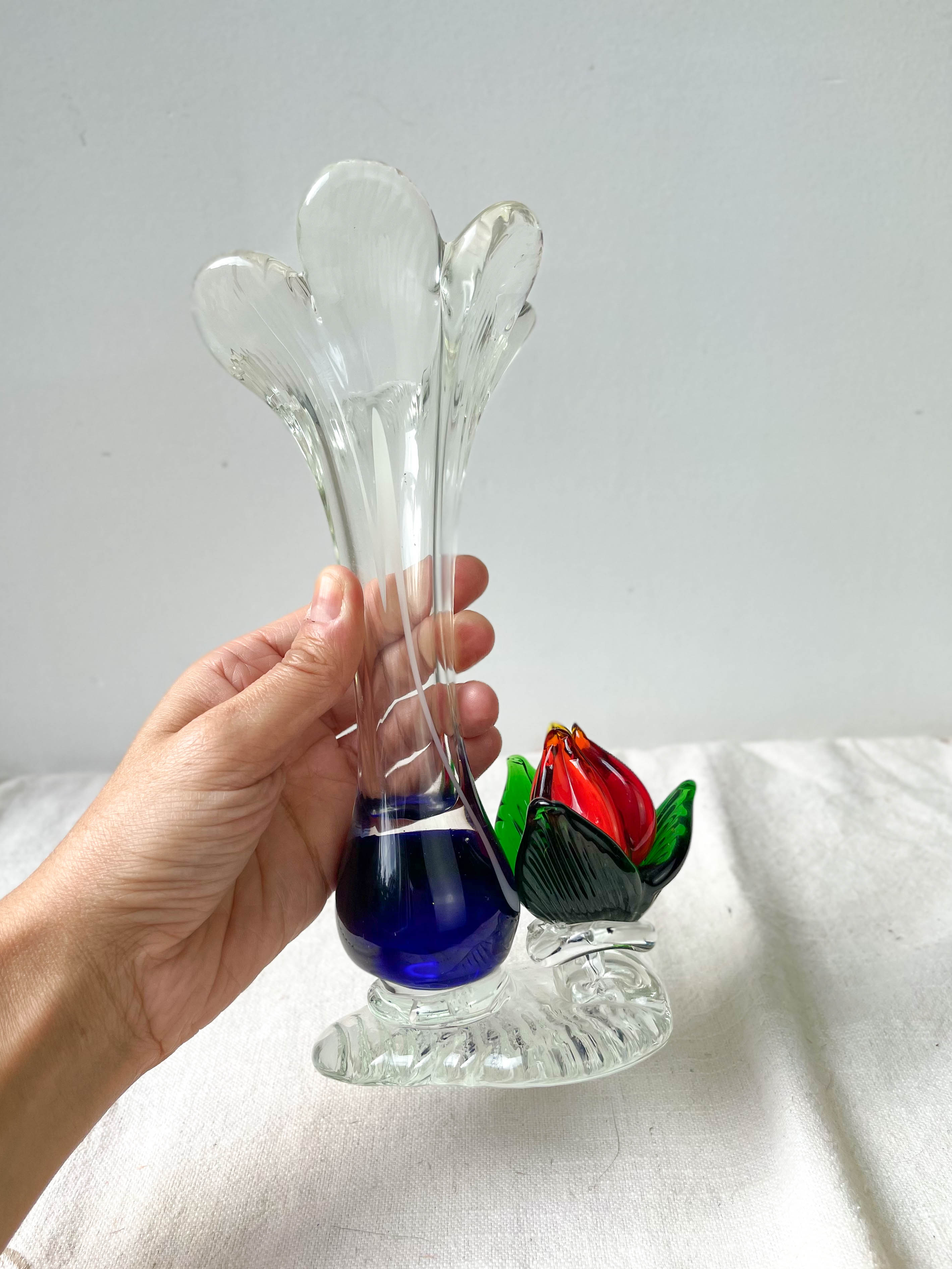 Blue red Murano glass vase with blown flower