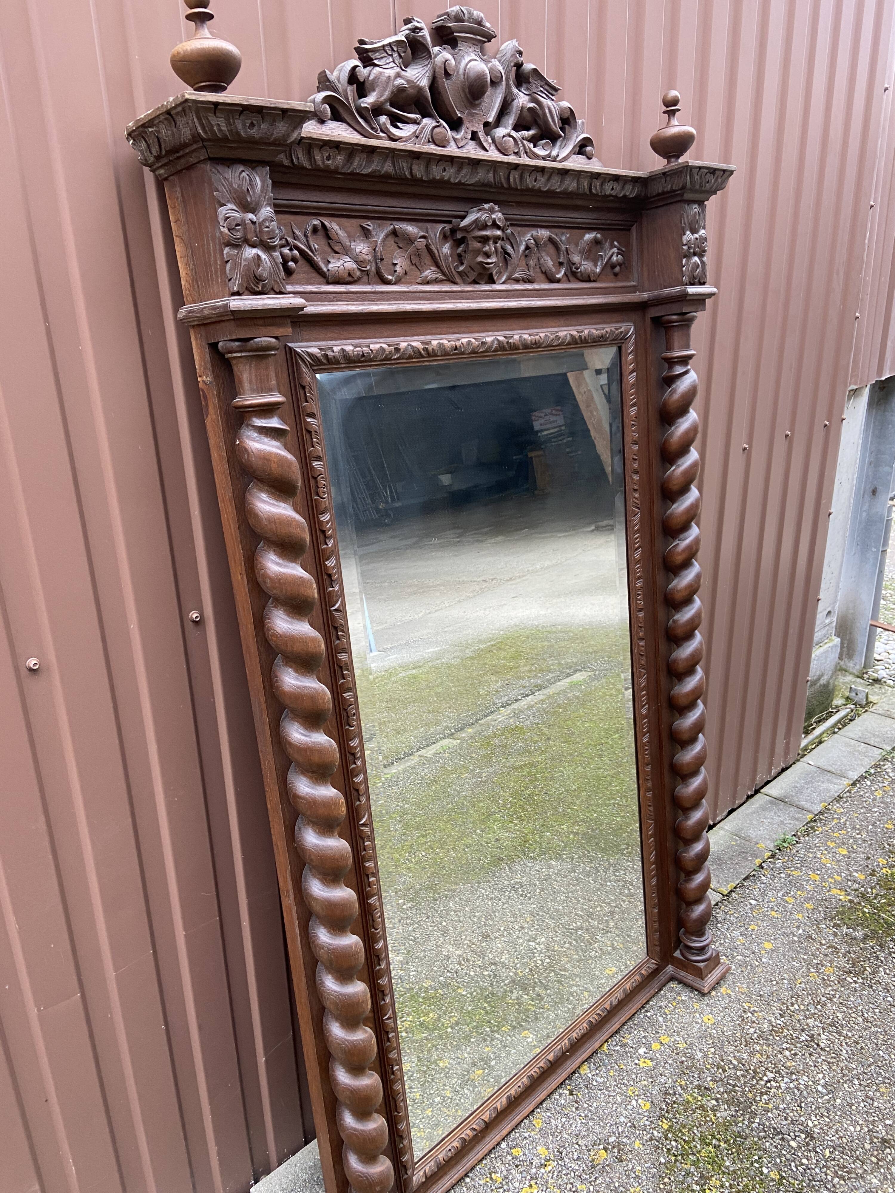 Renaissance style castle hunting mirror Louis XIII carved oak 1880