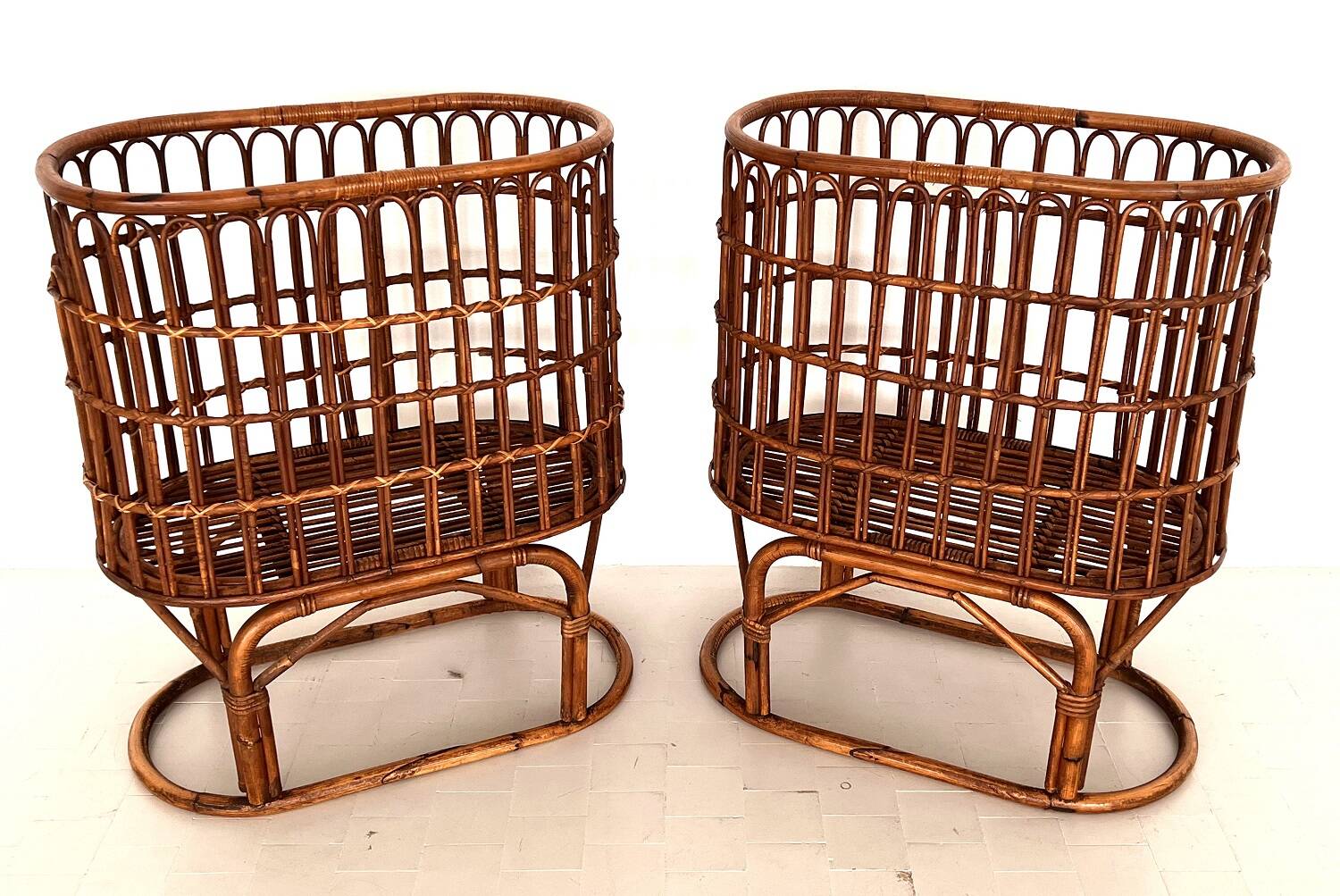 Pair French XXL Bamboo Baskets, 1970s