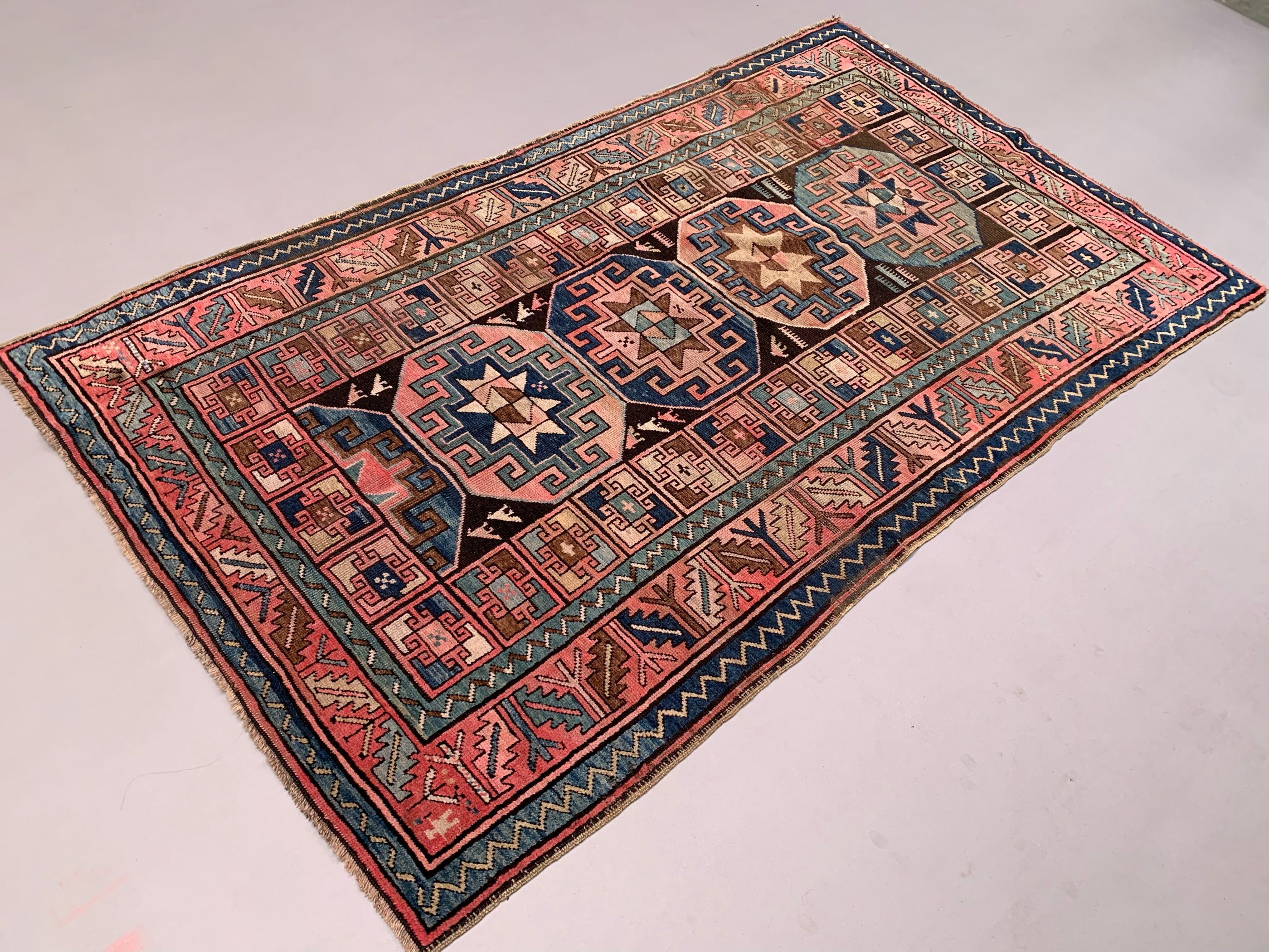 Old Turkish Kazak Rug 226x135 cm vintage tribal carpet, Red and Blue Large