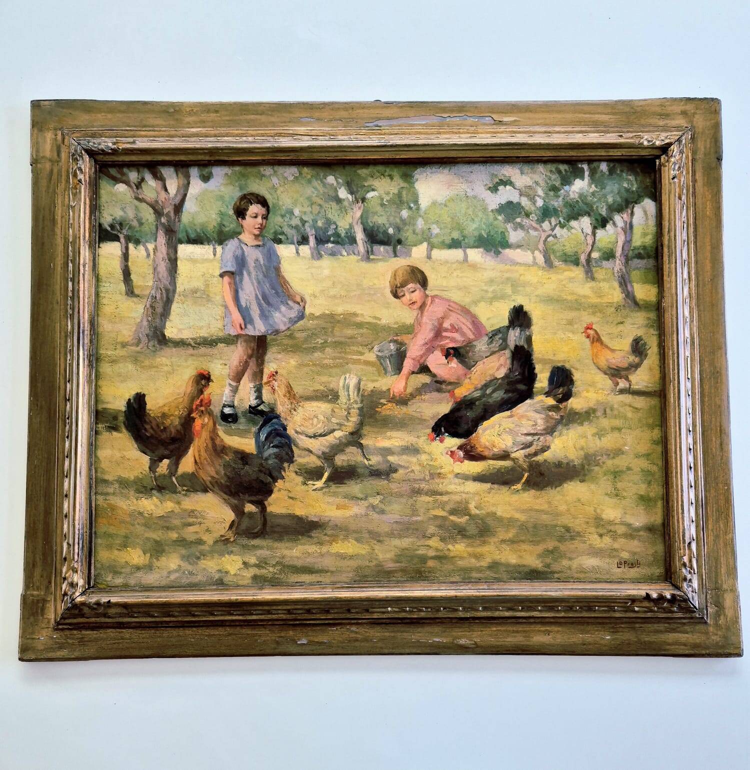 Oil Painting on Canvas "Children at the Farm" Signed Lo Presti - Gilded Frame