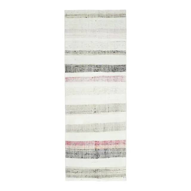 Vintage Turkish hand-knotted wool cotton white kilim runner rug  95x265