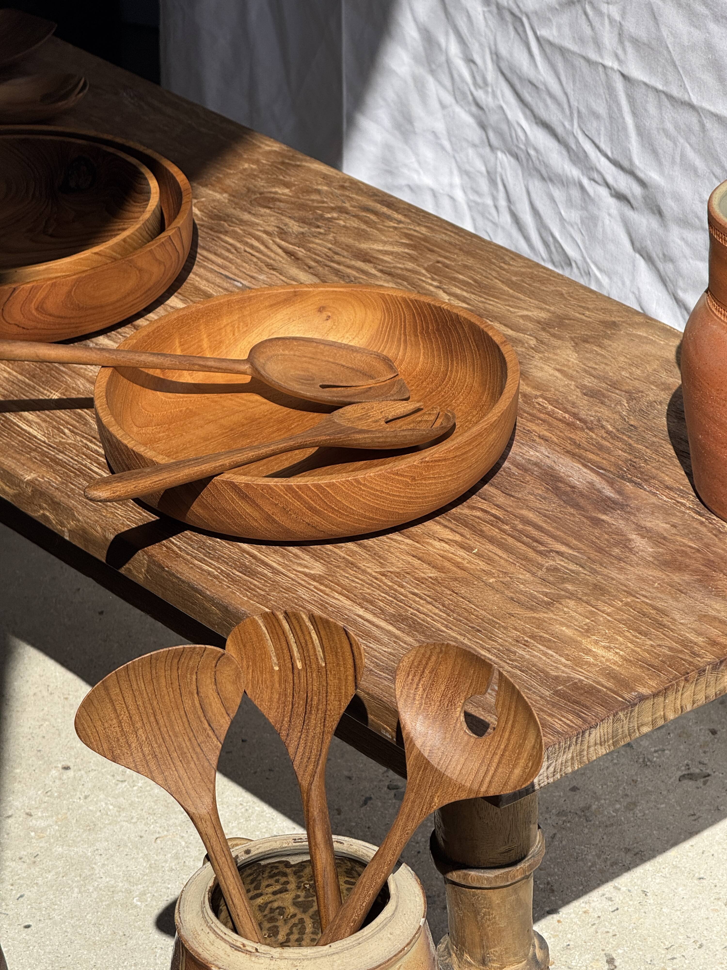 Salad server or large teak spoon, oval shape, split, L30 D9