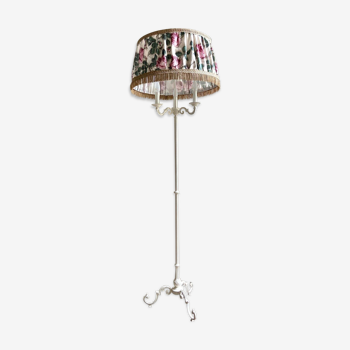 3-burner floor lamp in white metal and pleated cotton Antoinette Poisson 75A "Roses Pompadour"