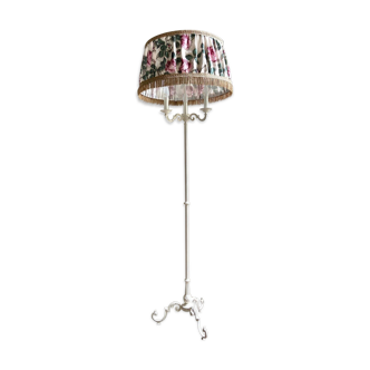 3-burner floor lamp in white metal and pleated cotton Antoinette Poisson 75A "Roses Pompadour"