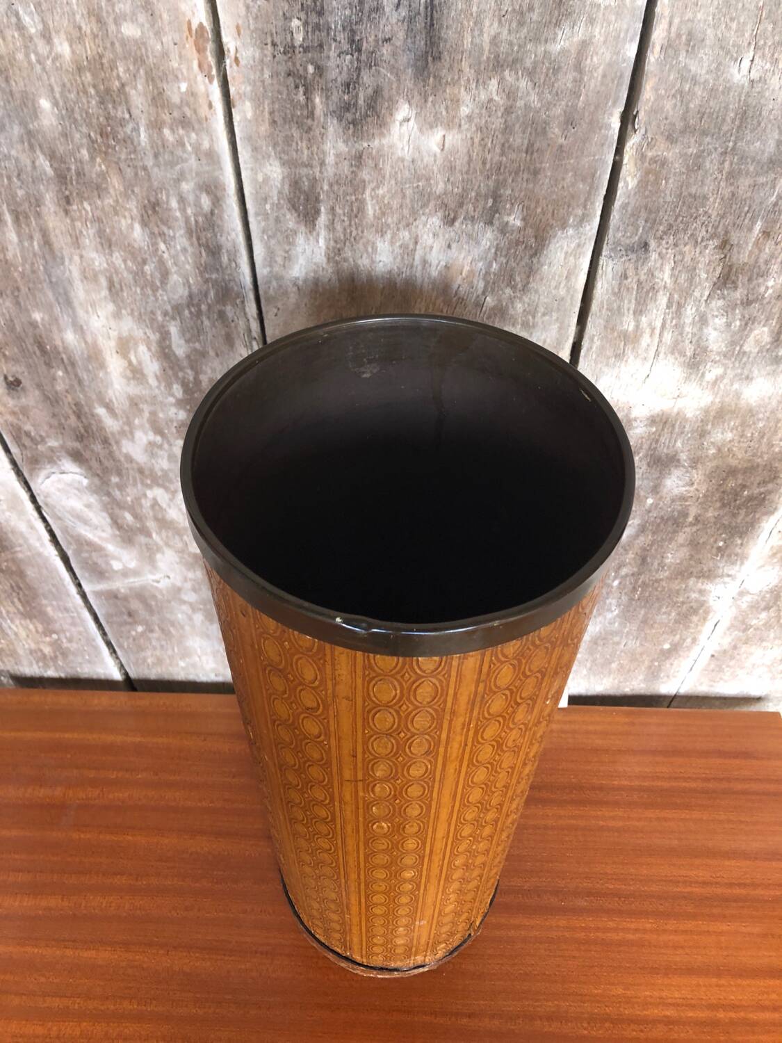 Boiled cardboard umbrella stand + brass strapping + vintage interior tray #a312