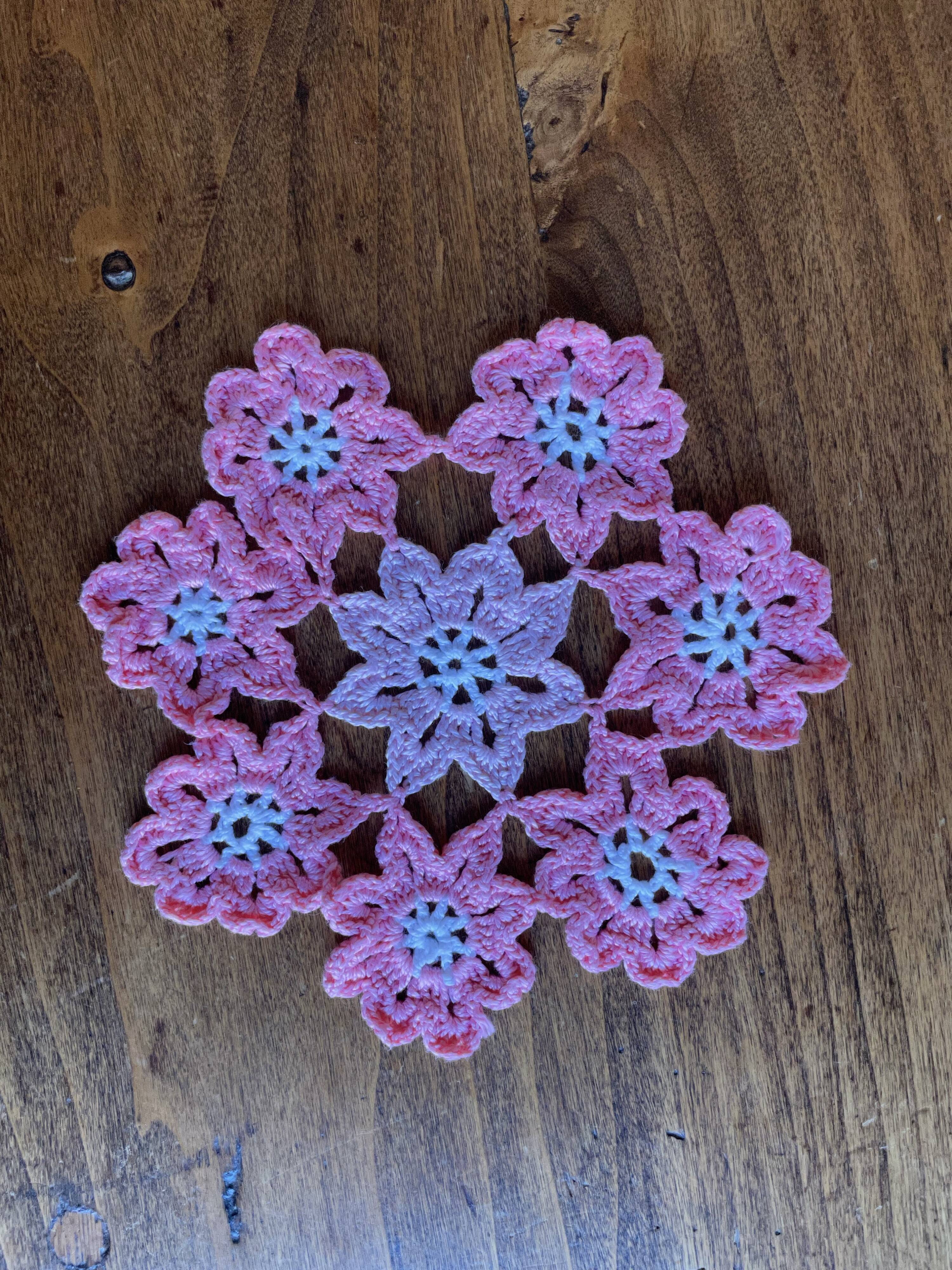 Set of 2 vintage crochet placemats - white, pink and blue