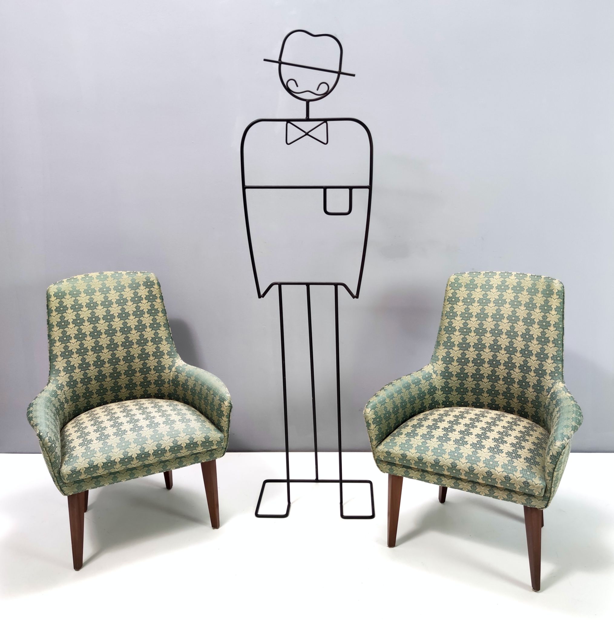 Green fabric and beech armchairs, italy